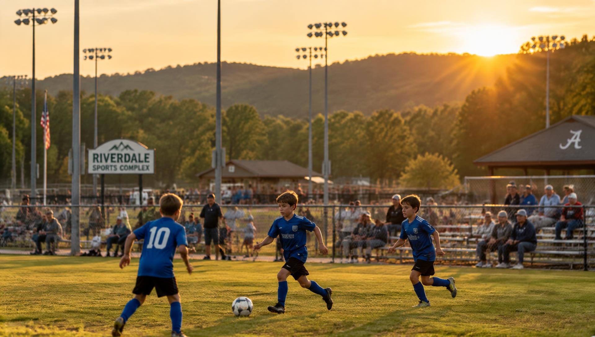 Kids playing soccer at sunset